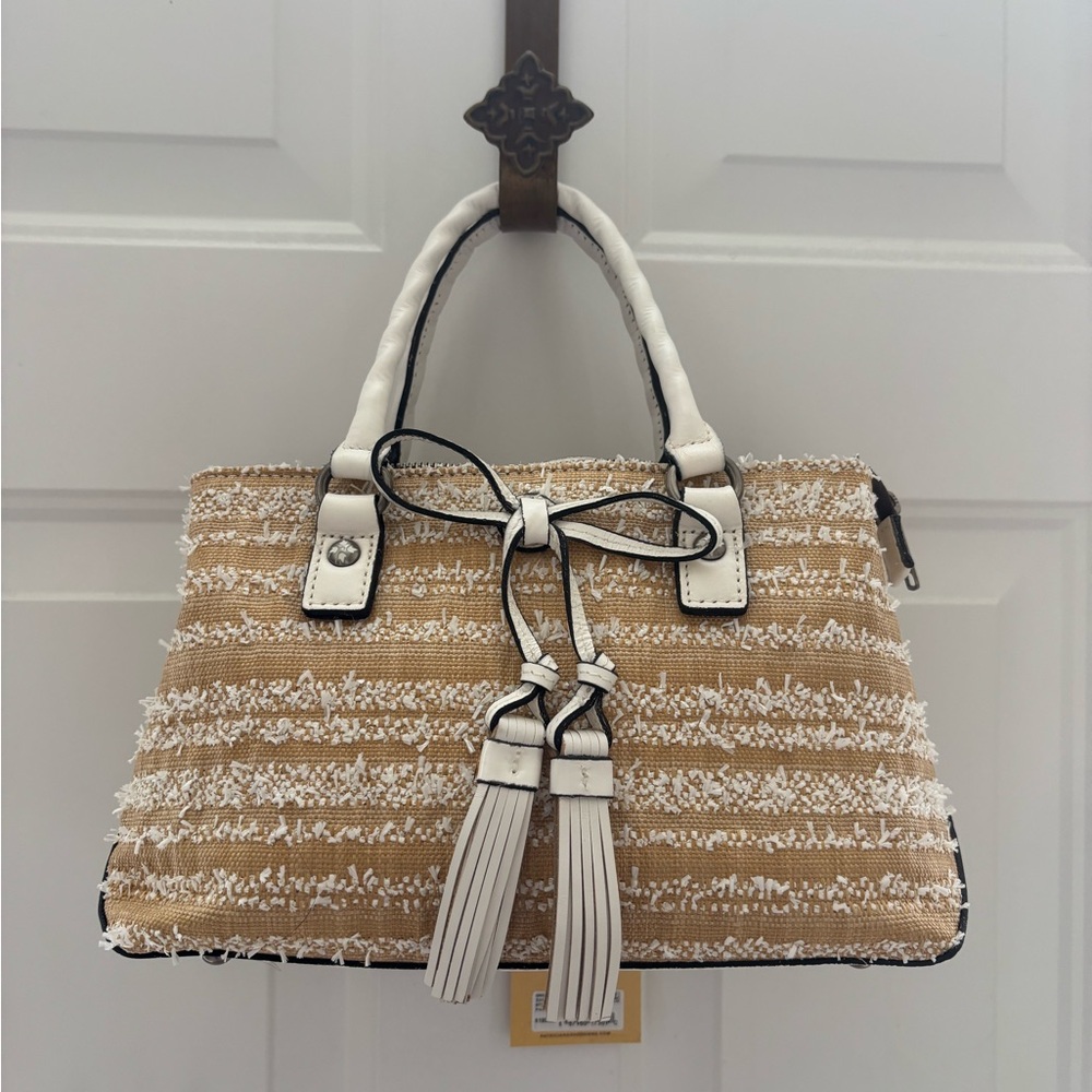 NWT Patricia Nash leather handle Angela Ebbe woven straw purse